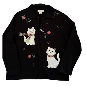 Allison Daley Black Cat Key My Heart Zip-Up Cardigan Sweater Women M Grandmacore